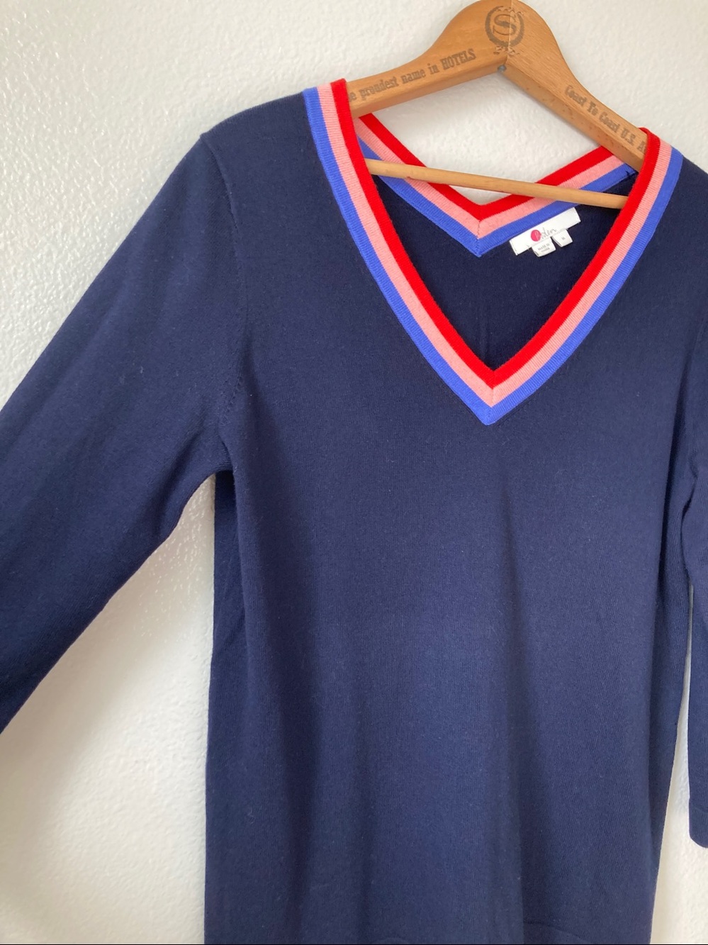 Boden Darcie Darcy cricket style wool cotton stripe neck 3/4 sleeve sweater sz M
